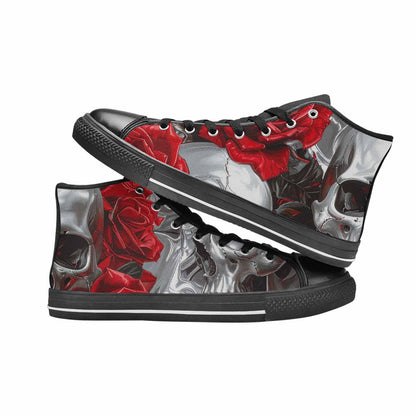 MEN'S Skulls Roses Chrome Airbrush High Top Canvas Wallpaper Art Custom Shoes