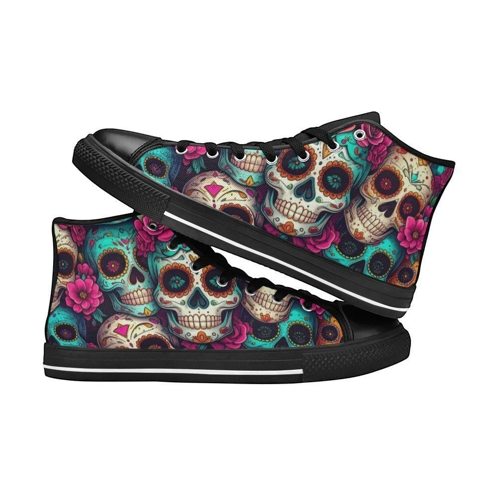 Freaky Shoes custom art sneakers with vibrant sugar skull and floral print, made to order wearable art