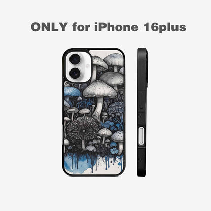 iPhone 16 Plus Case — Mushrooms General Black Blue Ink Mushrooms, Customized Protective Case