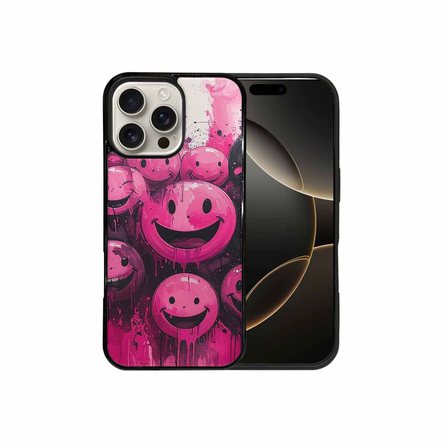 iPhone 16 Pro Max Case — Melting Moon Smiley Black Pink Ink, Custom Designed Case Cover