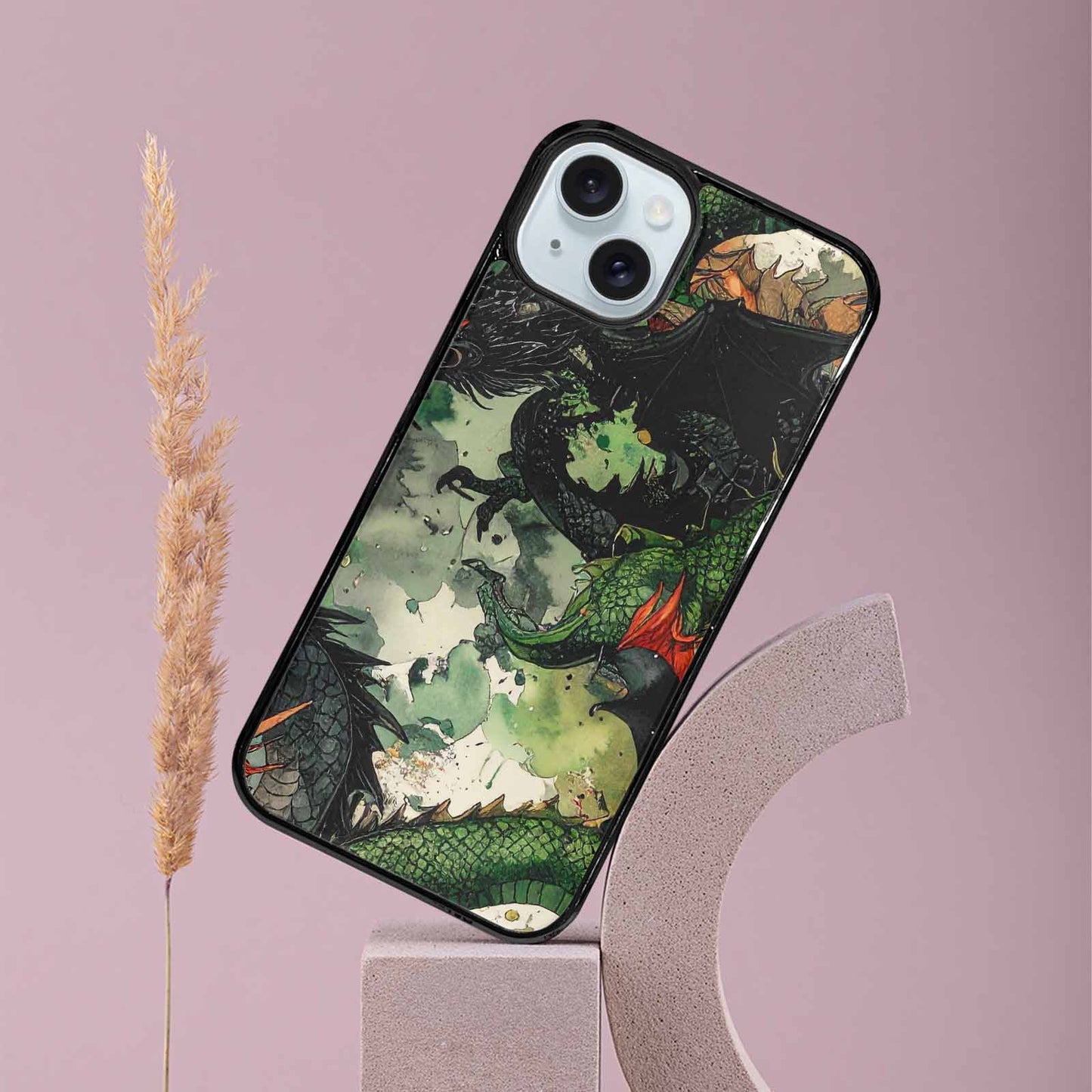 iPhone 15 Plus Case — Dragon Scale Black Green Ink Dragons, Custom Print Case Cover