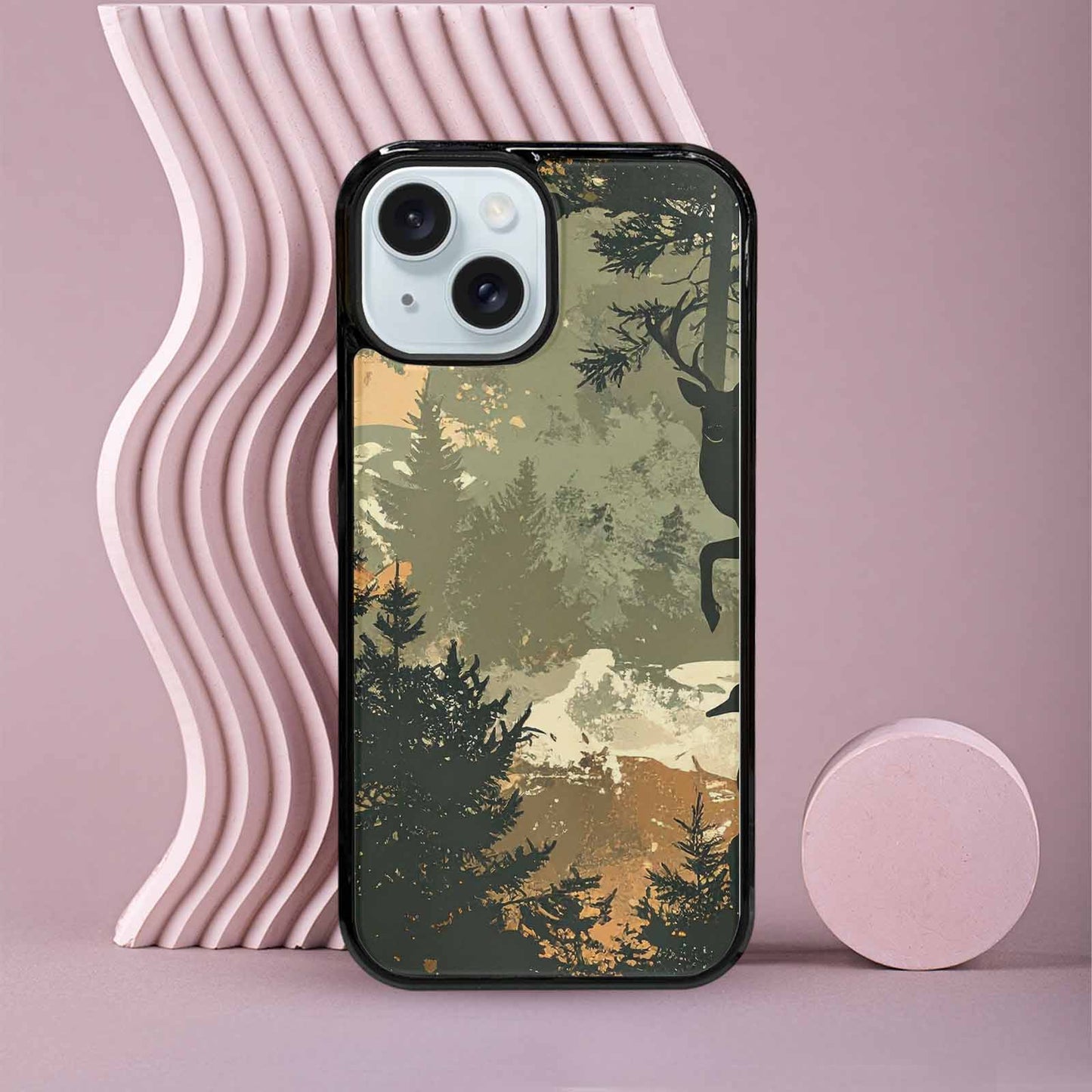 iPhone 15 Case — Hunting Camouflage Pattern With Deer And, Custom Made Phone Cover