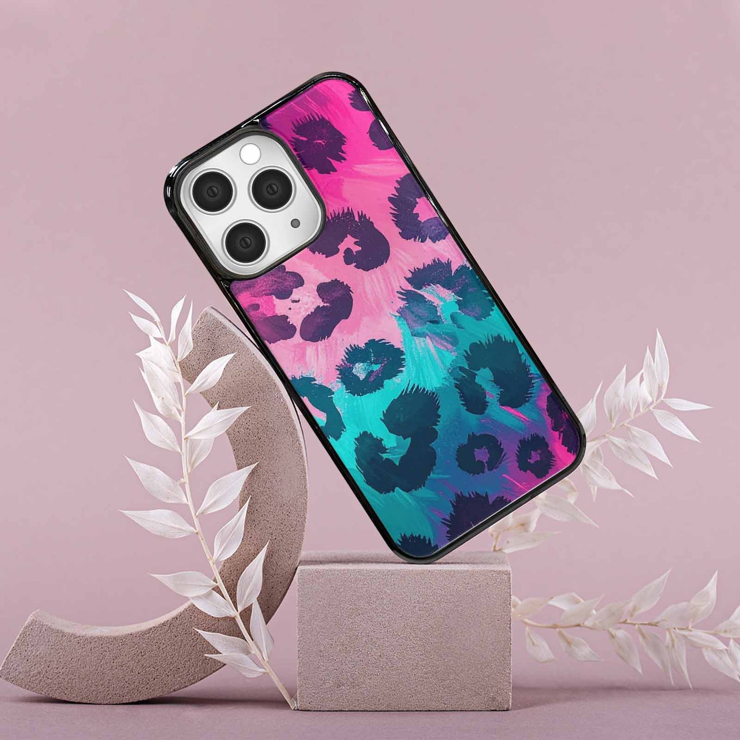 iPhone 15 Pro Max Case — Leopard Neon Pink Teal Airbrush, Custom Made Phone Cover