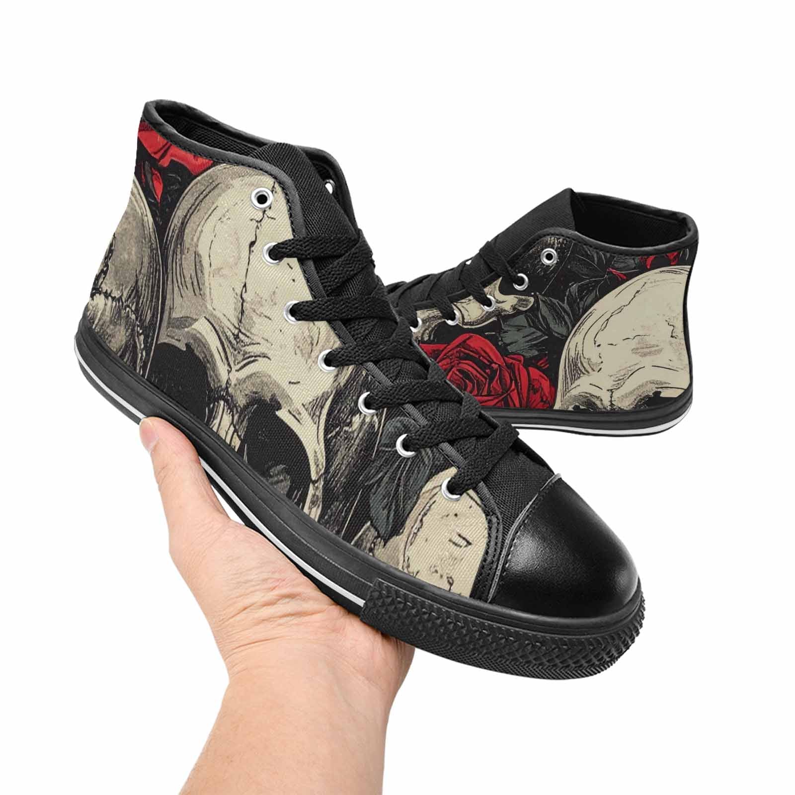 WOMEN'S Skulls Roses Bold Pen Ink High Top Canvas Wallpaper Art Sneakers