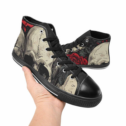 WOMEN'S Skulls Roses Bold Pen Ink High Top Canvas Wallpaper Art Sneakers