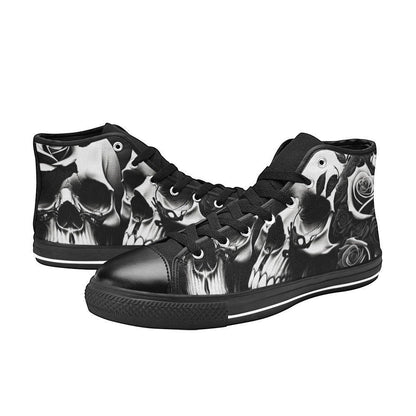 Freaky Shoes custom art sneakers with black and white skull and rose print, made to order