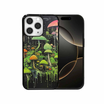 iPhone 15 Pro Max Case — Rainbow Drip Mushrooms Black Green Ink, Unique Phone Case Design