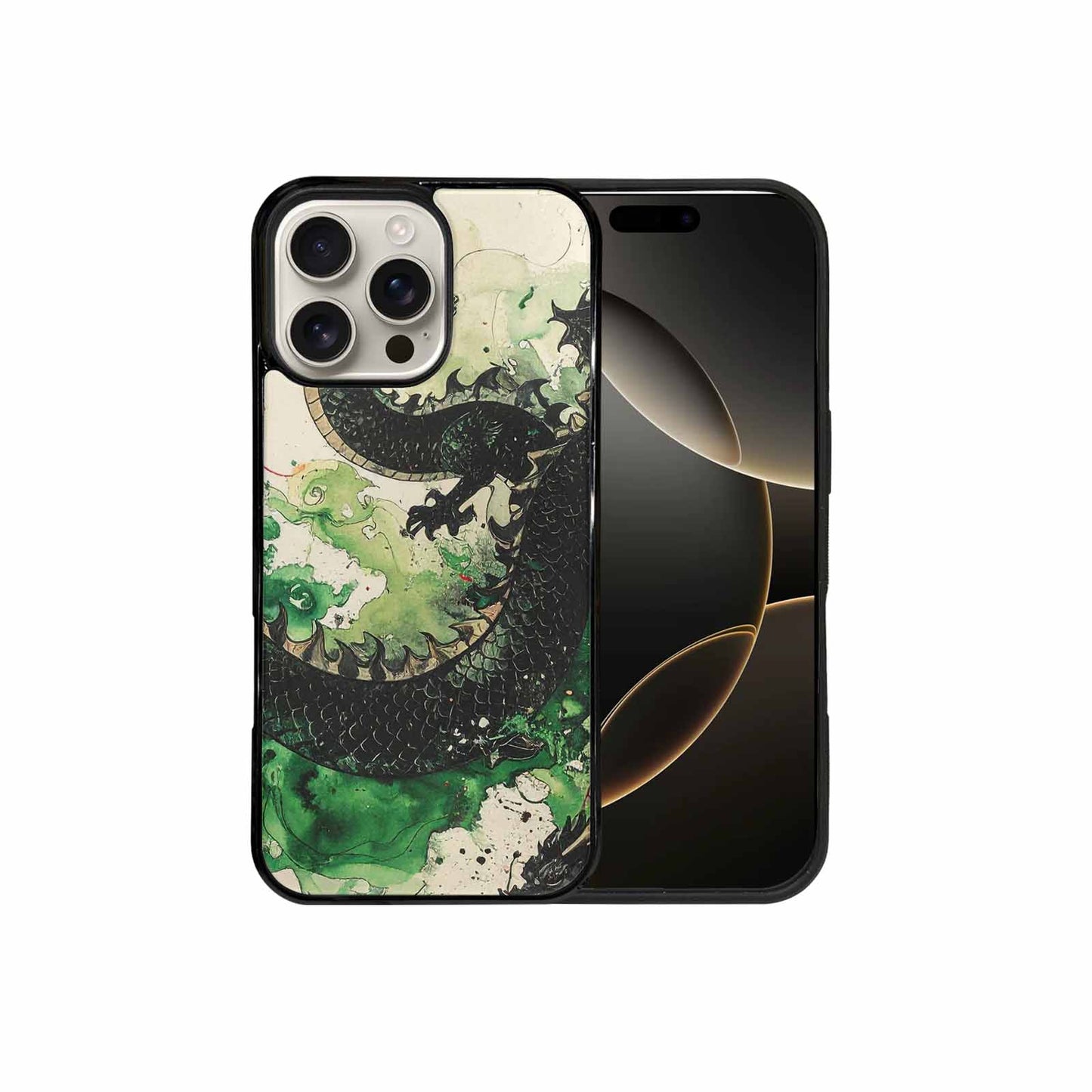iPhone 16 Pro Max Case — Dragon Scale Black Green Ink Dragons, Custom Print Case Cover