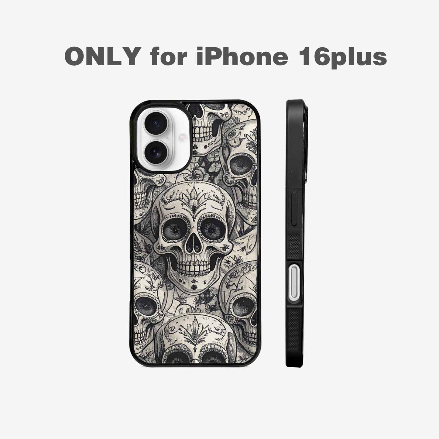 iPhone 16 Plus Case — Intricately Detailed Sugar Skulls In Black, Custom Phone Case