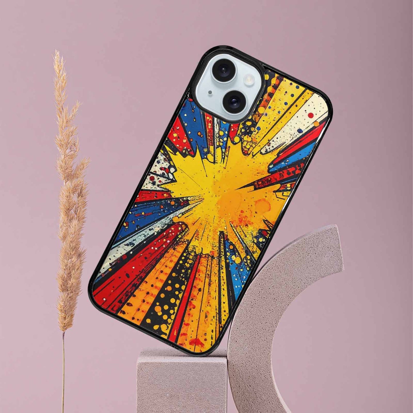 iPhone 15 Plus Case — Comic Halftone Comic Bursts Pattern Hundreds, Custom Made Phone Cover