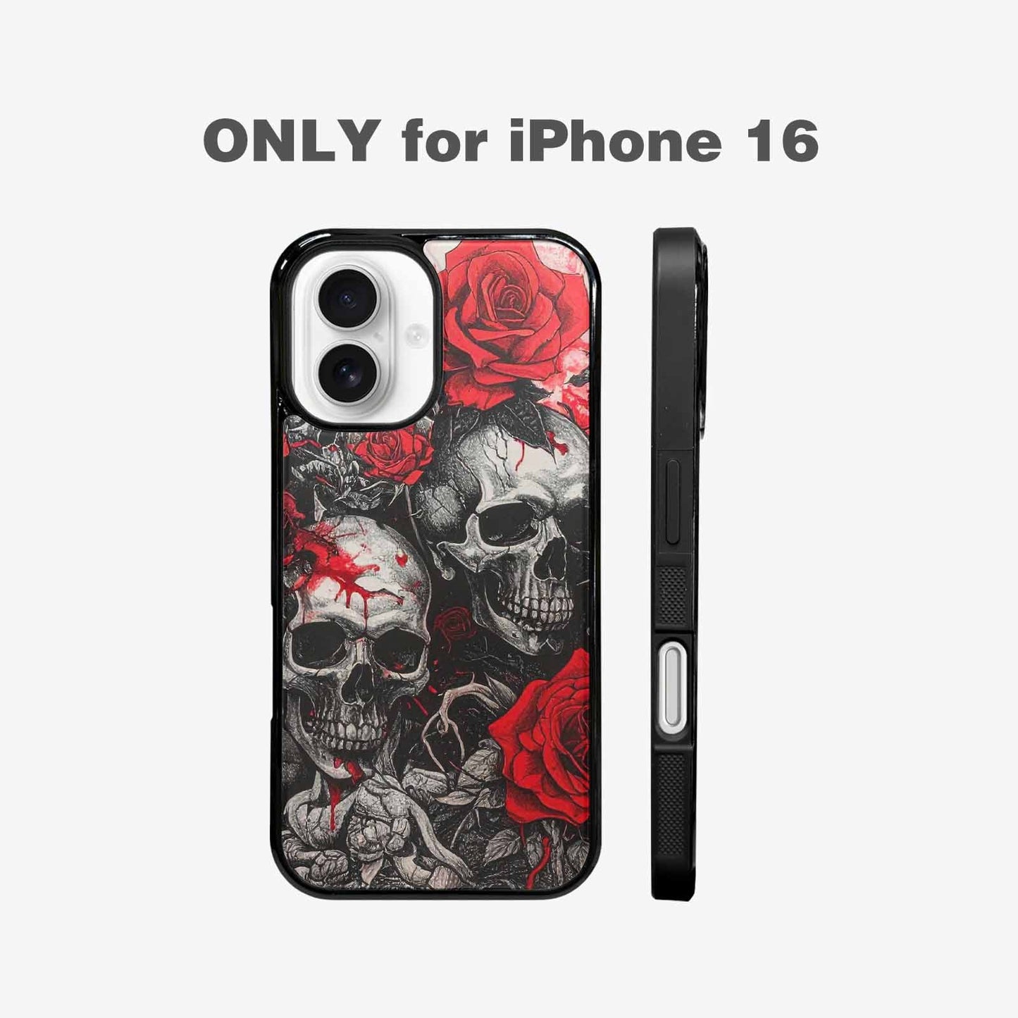 iPhone 16 Case — Skull And Roses Black Red Ink, Custom Print Case Cover