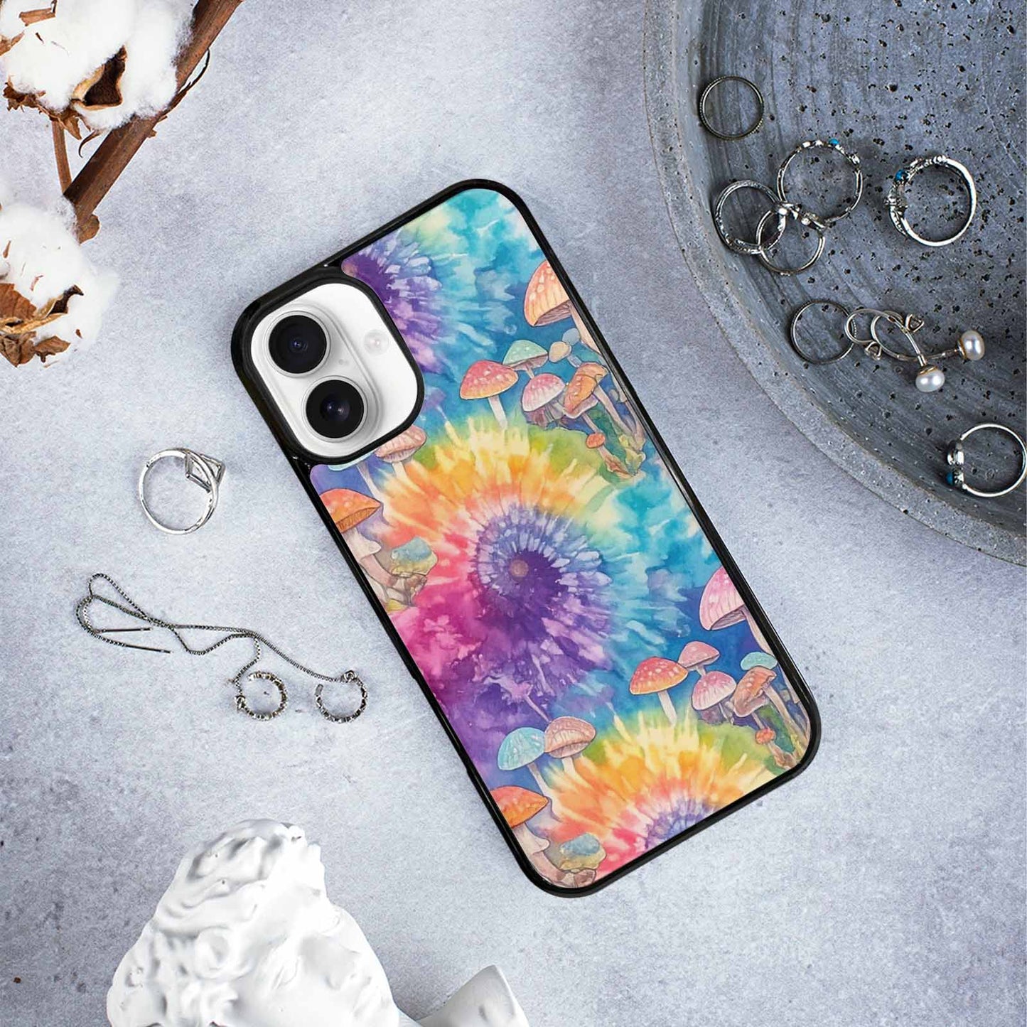 iPhone 16 Plus Case — Mushrooms Tie Dyemushrooms Pat 9i2, Custom Print Case Cover