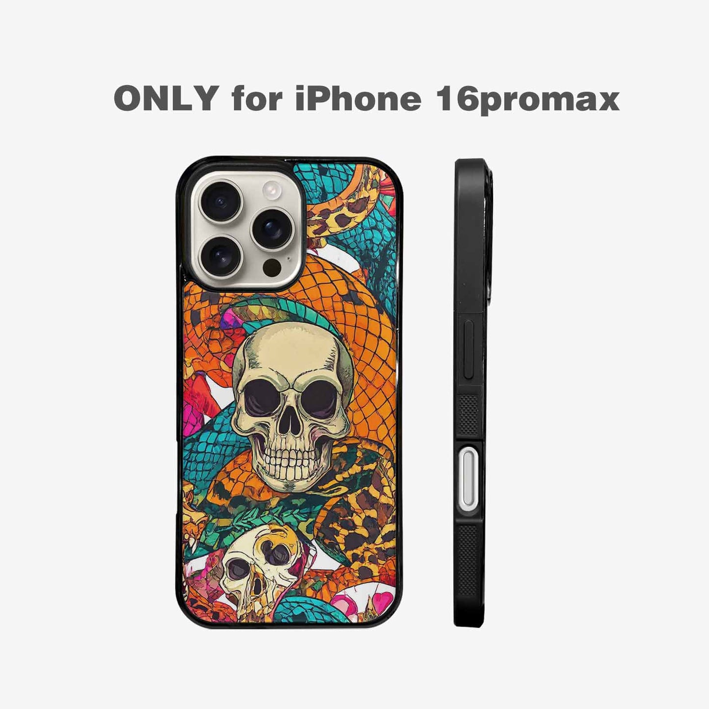 iPhone 16 Pro Max Case — Snake Print Skull, Custom Made Phone Cover