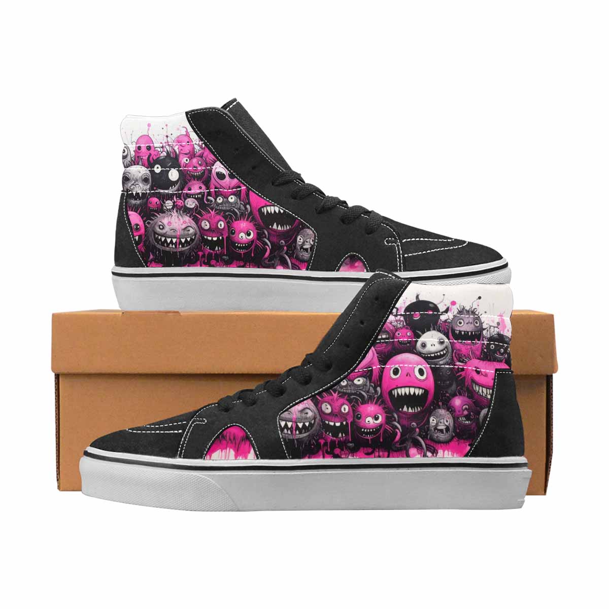 WOMEN'S Monsters Black & Pink Ink High Top Canvas Streetwear Aesthetic Custom Printed Shoes