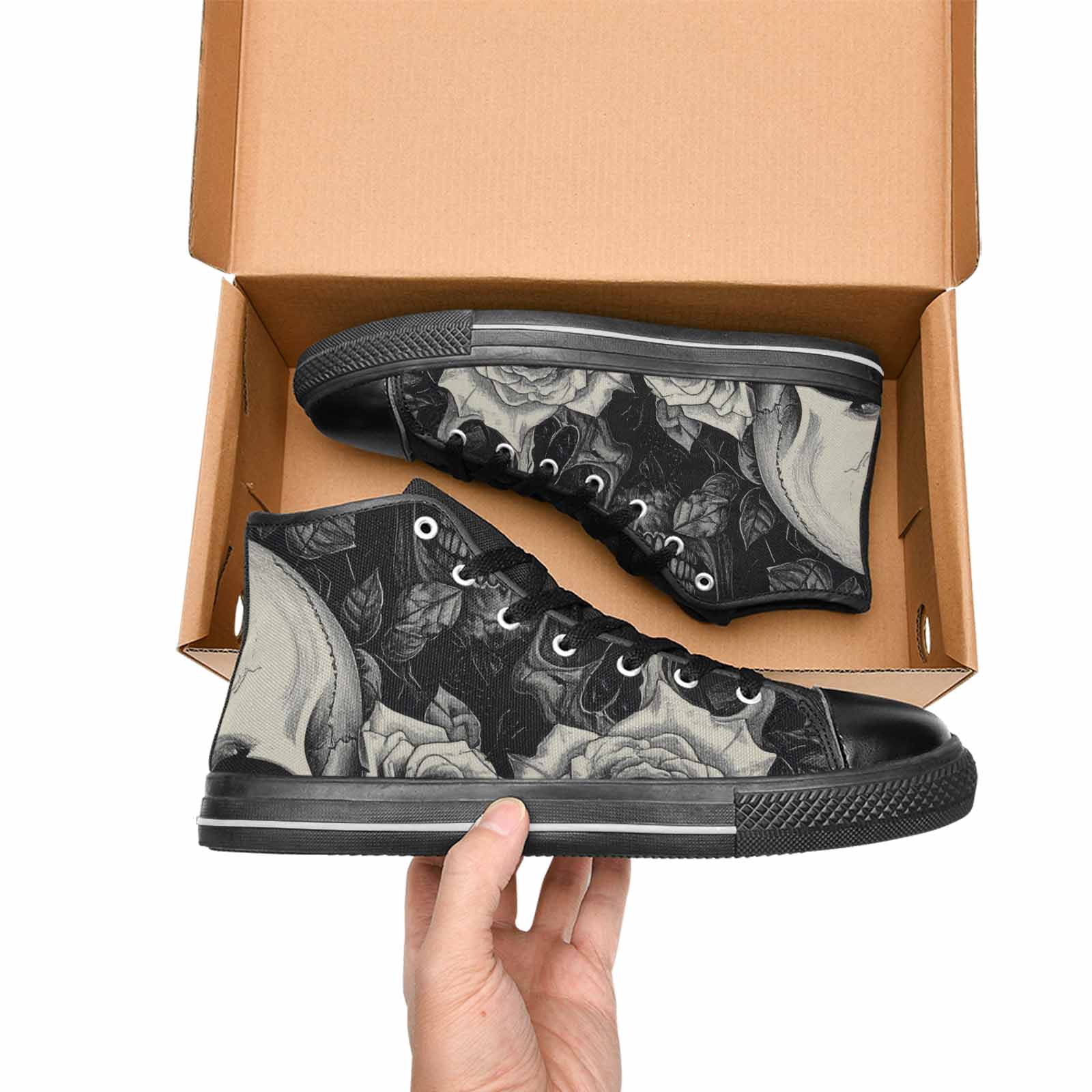 MEN'S Skulls Roses Pen Ink High Top Canvas Surreal Shoes