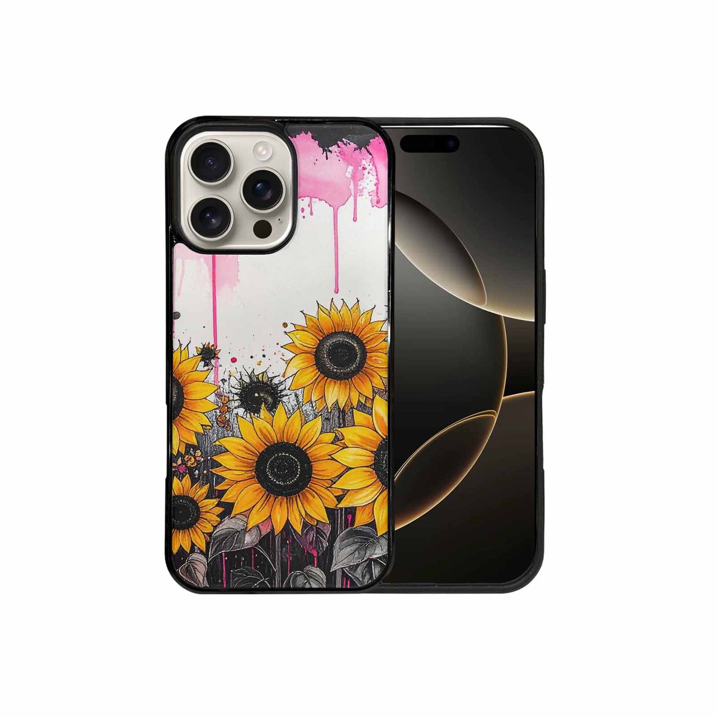 iPhone 16 Pro Max Case — Sunflower Burst Black Pink Ink Sunflowers, Custom Made Phone Cover