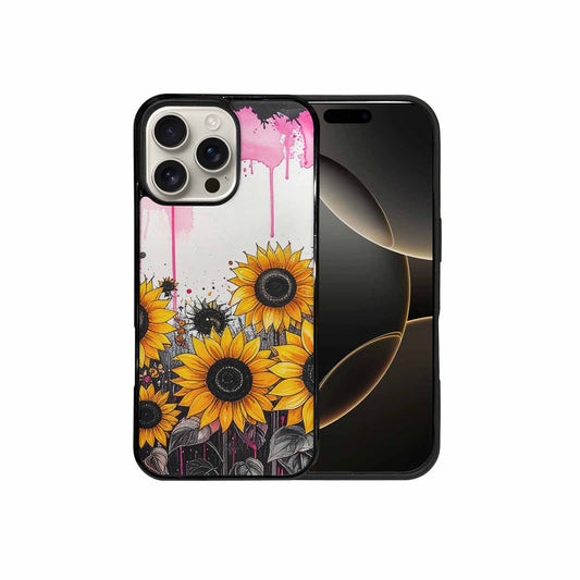 iPhone 16 Pro Max Case — Sunflower Burst Black Pink Ink Sunflowers, Custom Made Phone Cover