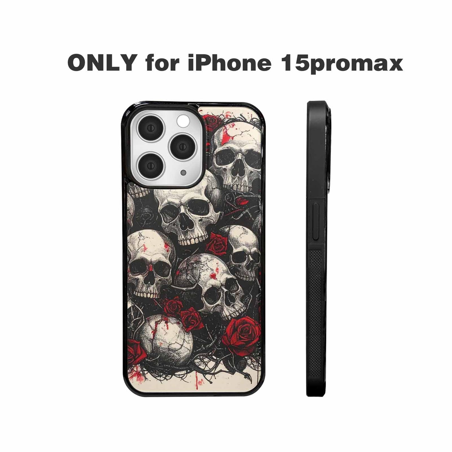 iPhone 15 Pro Max Case — Skull And Roses Black Red Ink, Custom Print Case Cover