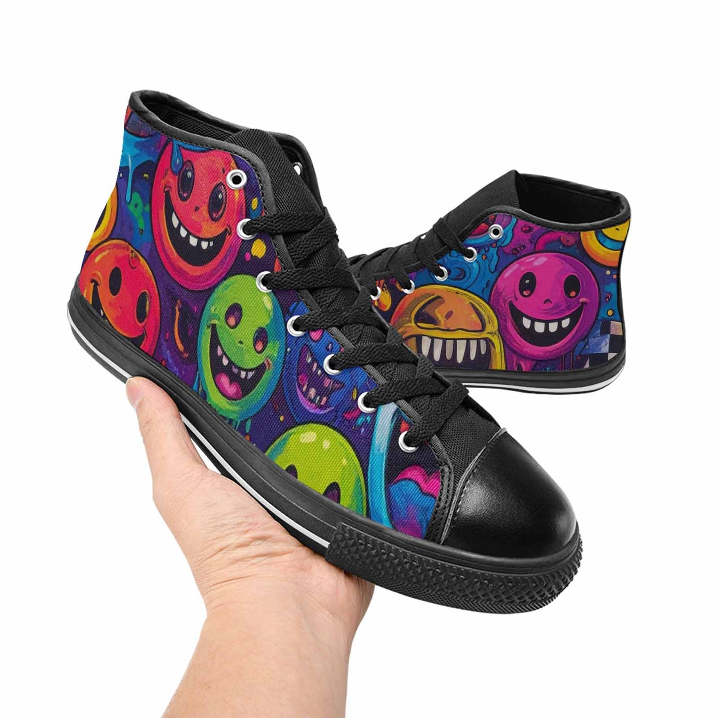 WOMEN'S Yellow Smiley Face High Top Canvas Aesthetic Custom Sneakers