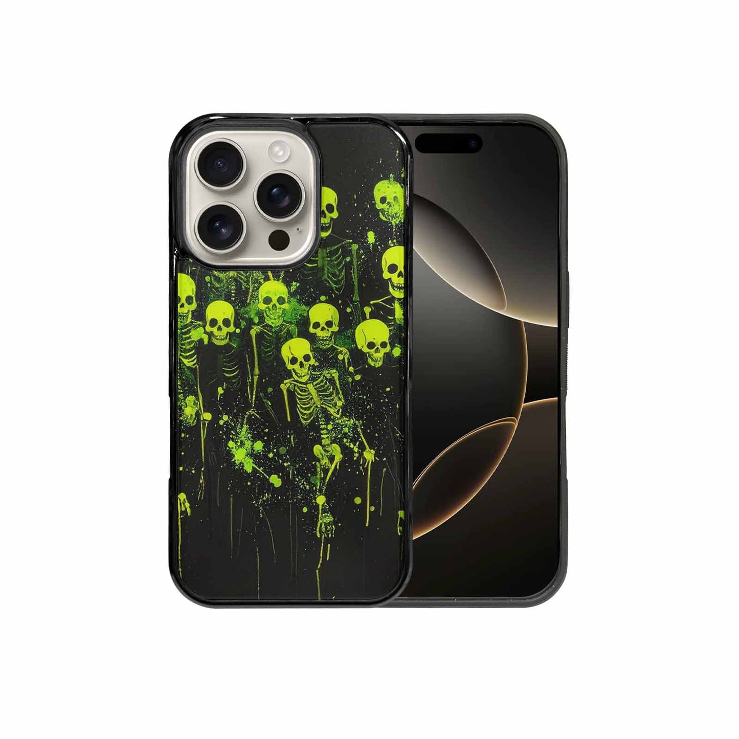 iPhone 16 Pro Case — Skeletons Neon Green Glow Skeletons Pattern, Custom Phone Case