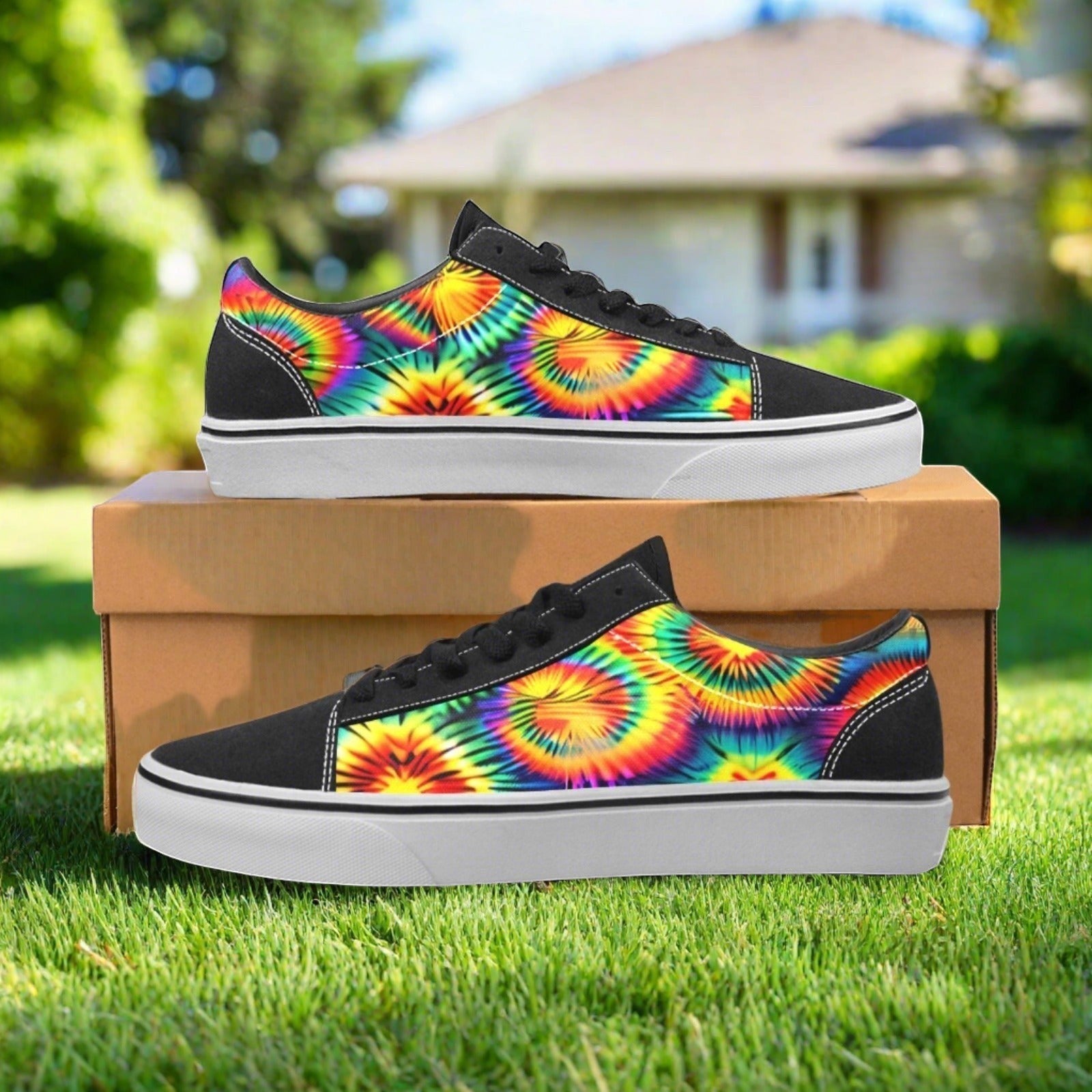 Women's Rainbow Tie Dye hand-made low-top canvas shoes — unique wearable art by Freaky Shoes