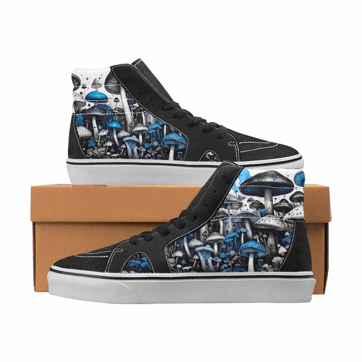 WOMEN'S Mushrooms Black & Blue Ink High Top Canvas Unique Print Vivid Custom Canvas Shoes