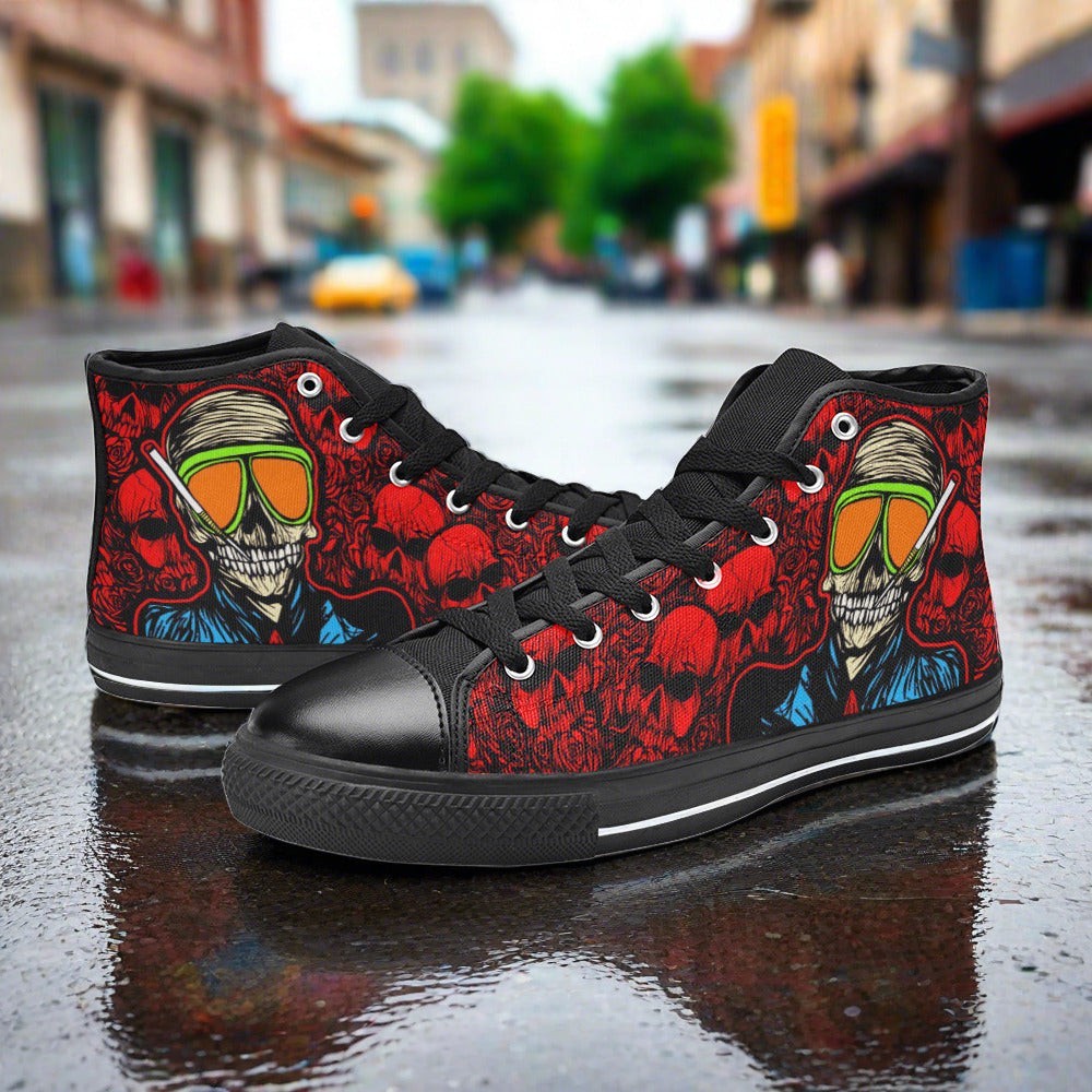Women's Skull Red high-top canvas shoes, custom full-wrap printed design — Freaky Shoes