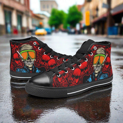 Women's Skull Red high-top canvas shoes, custom full-wrap printed design — Freaky Shoes