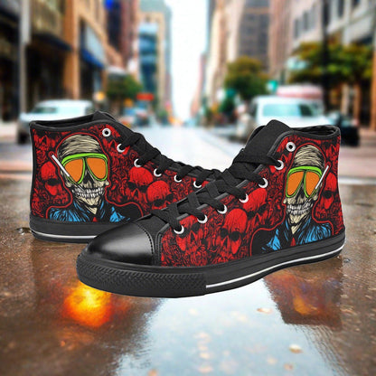Custom Men's Skull Red high-top canvas shoes with bold all-over art — Freaky Shoes