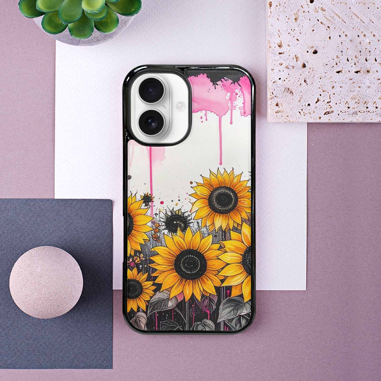 iPhone 16 Case — Sunflower Burst Black Pink Ink Sunflowers, Original Design Phone Case