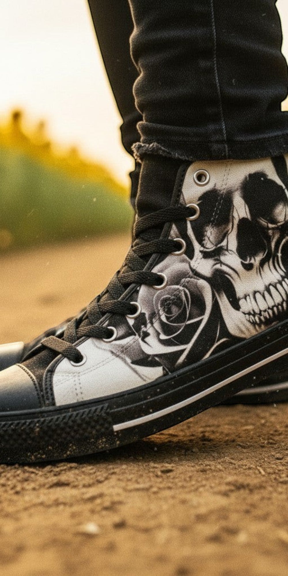 Men's Cartoon Skulls & Roses Black & White hand-made high-top canvas shoes — unique wearable art by Freaky Shoes