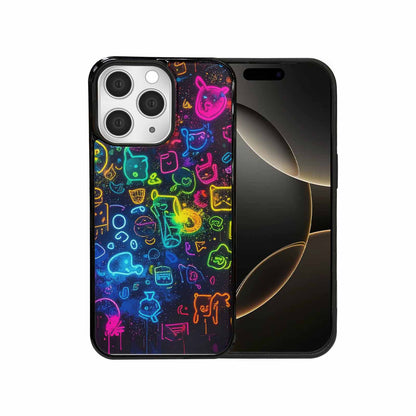 iPhone 15 Pro Max Case — Neon Glow Outline Icon Pattern Hundreds, Customized Protective Case