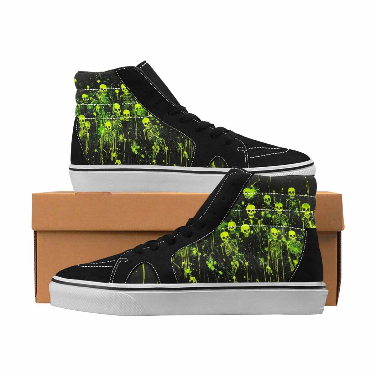 MEN'S Skulls Neon Green Glow High Top Canvas One Of A Kind Aesthetic Custom Sneakers
