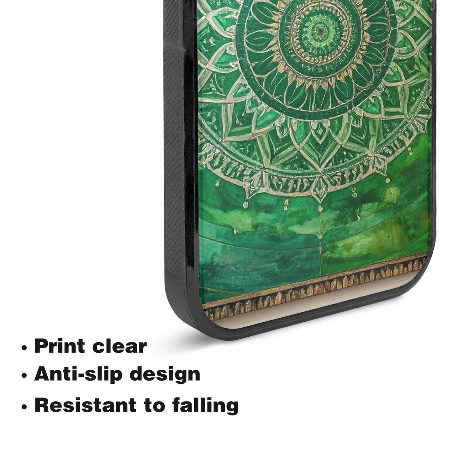 iPhone 15 Case — Green Mandala Bohemian Print Edge To, Custom Made Phone Cover
