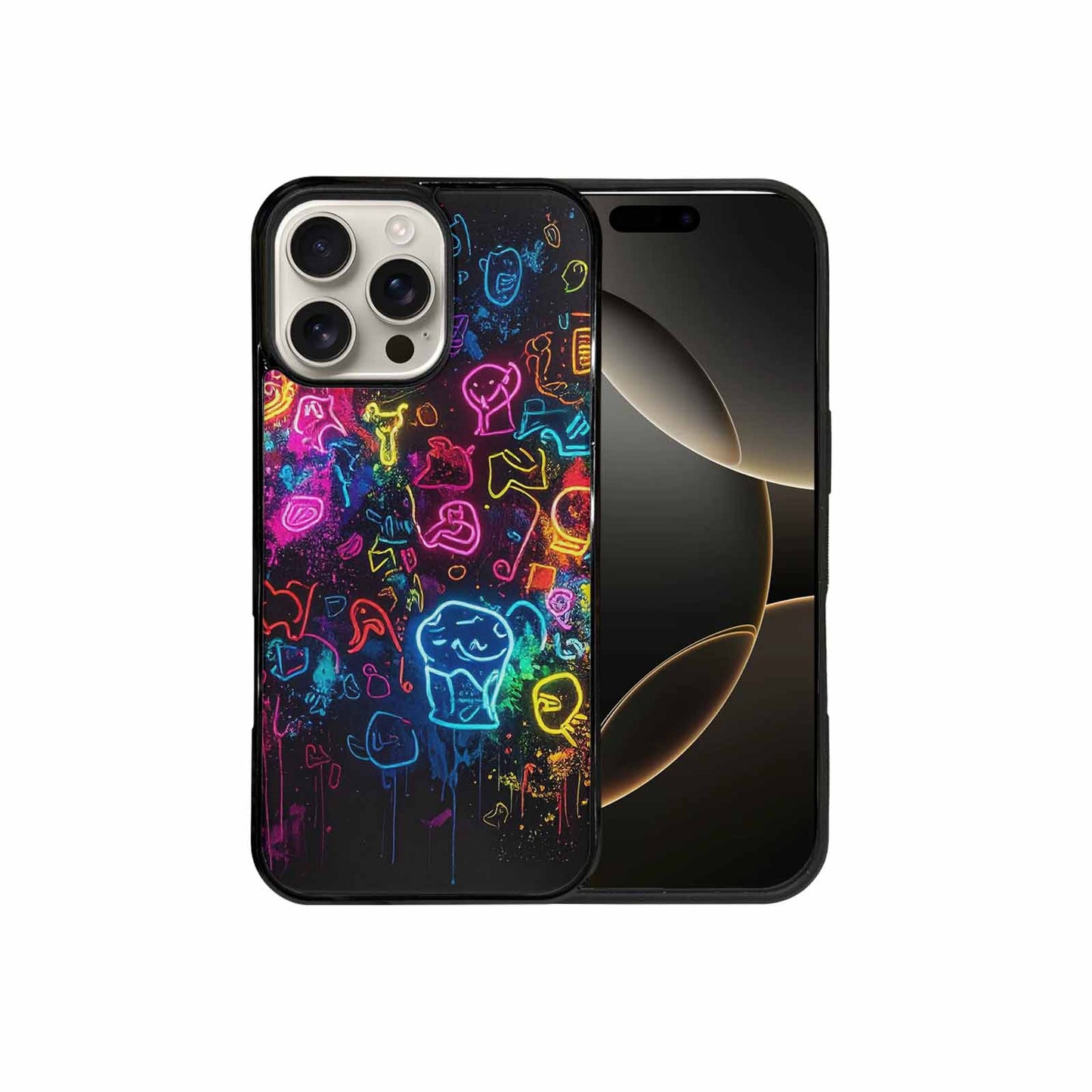 iPhone 16 Pro Max Case — Neon Glow Outline Icon Pattern Hundreds, Custom Printed Phone Case
