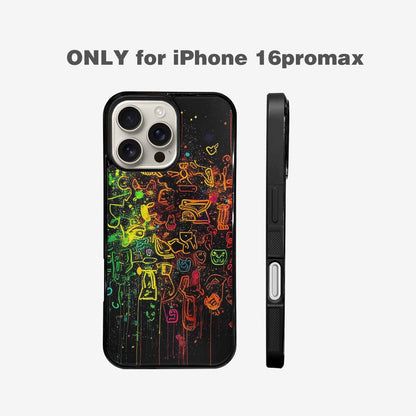iPhone 16 Pro Max Case — Neon Glow Outline Icon Pattern Hundreds, Custom Printed Phone Case