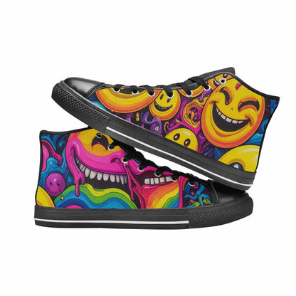 MEN'S Yellow Smiley Face High Top Canvas Grunge Custom Sneakers
