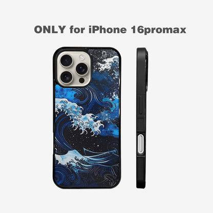 iPhone 16 Pro Max Case — Nautical Wave Black Blue Ink Wave, Custom Print Case Cover