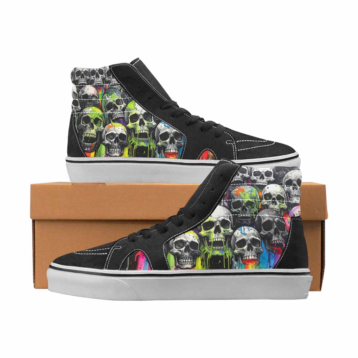 WOMEN'S Skulls Black & Green Ink High Top Canvas Custom Fashion Aesthetic Custom Print Sneakers