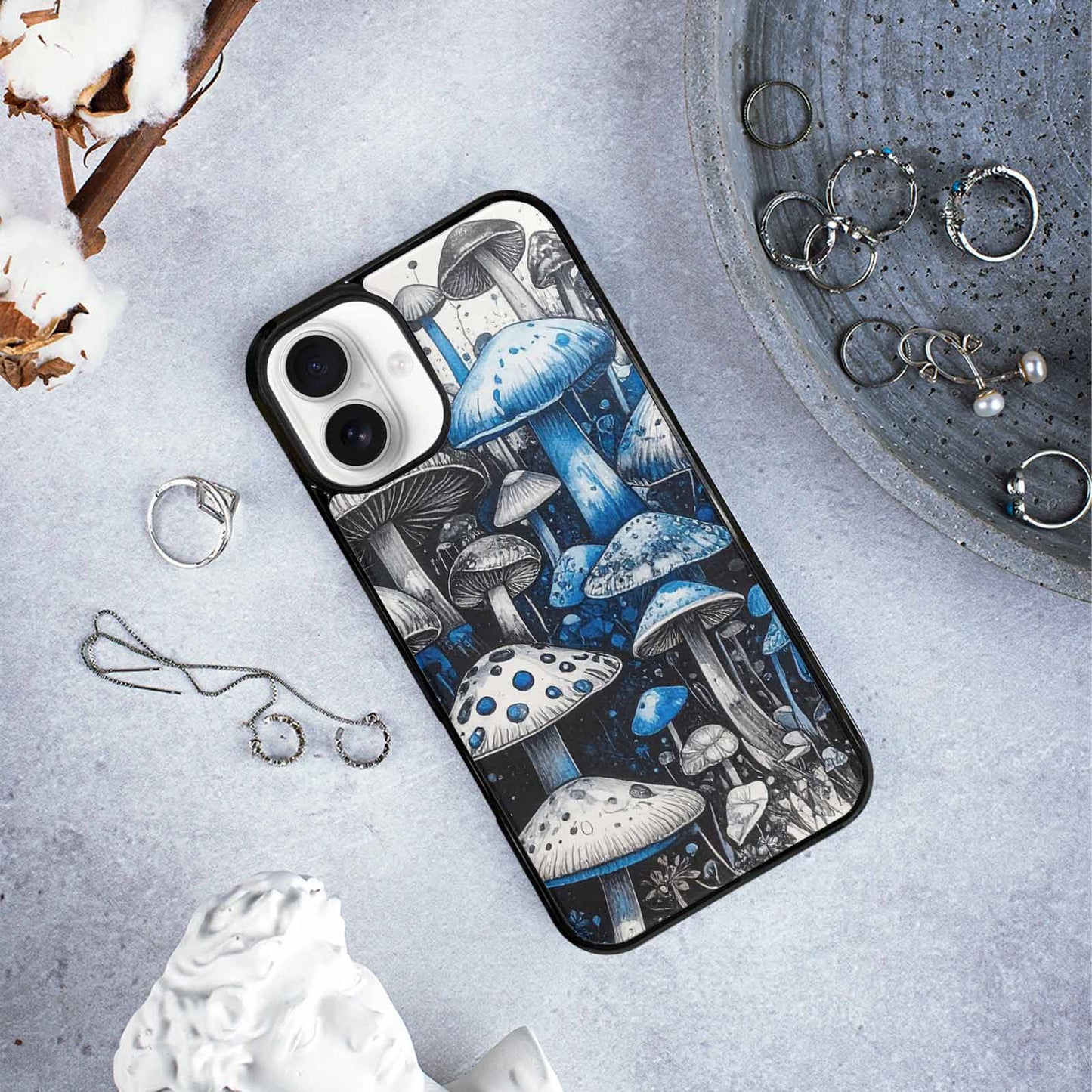 iPhone 16 Plus Case — Mushrooms General Black Blue Ink Mushrooms, Custom Print Case Cover