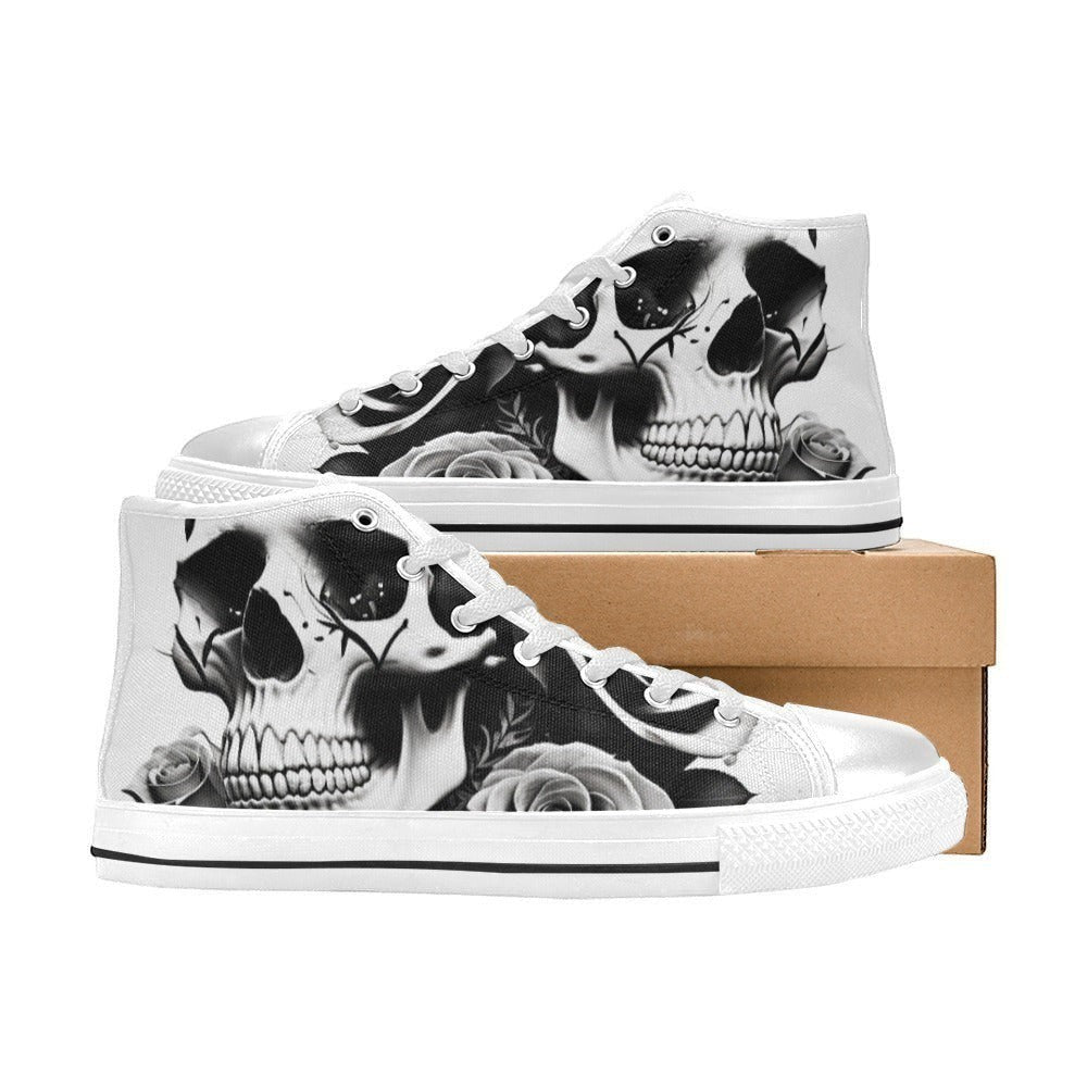Freaky Shoes custom art sneakers featuring black and white skull art with roses, made to order
