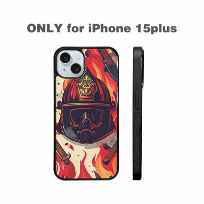 iPhone 15 Plus Case — Firefighter Pattern Flames Axes Helmets Seamless, Unique Phone Case Design