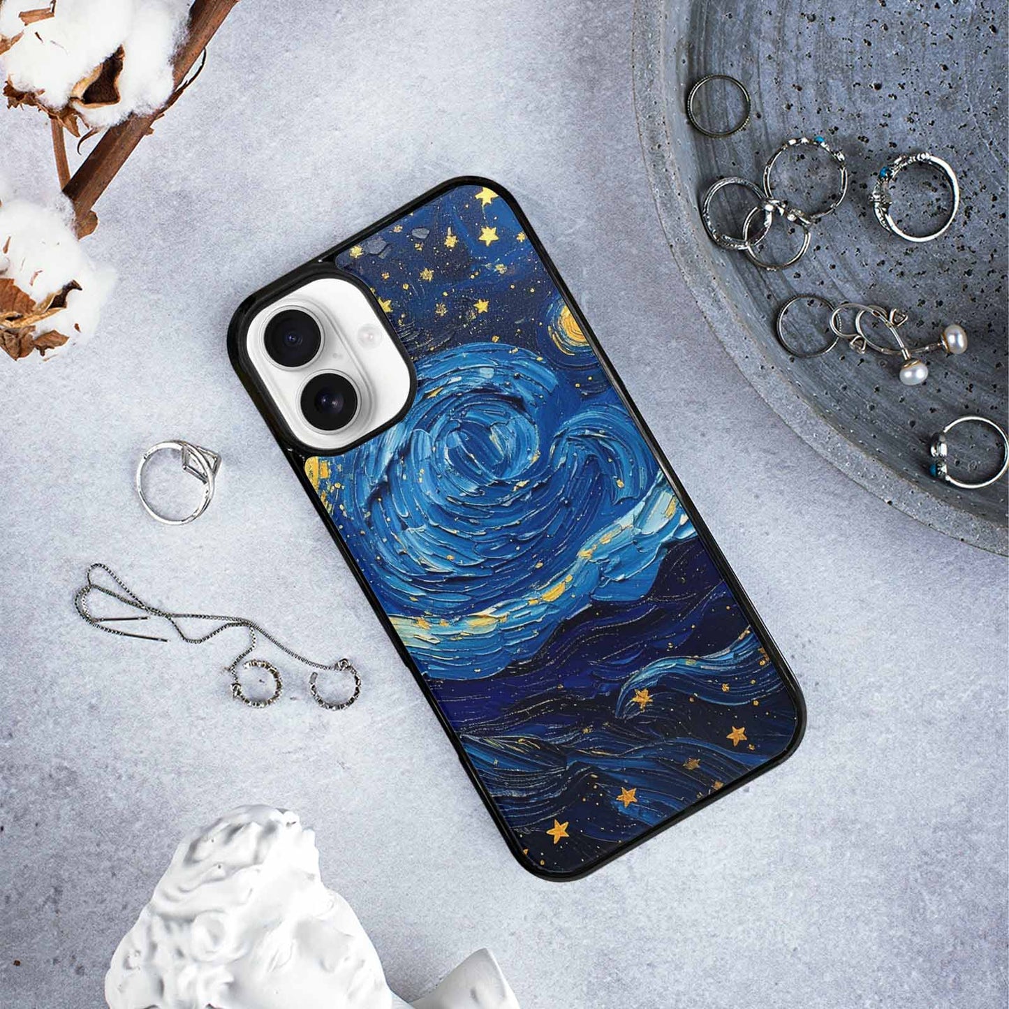 iPhone 16 Plus Case — Swirling Deep Blue Night Sky Filled, Custom Printed Phone Case