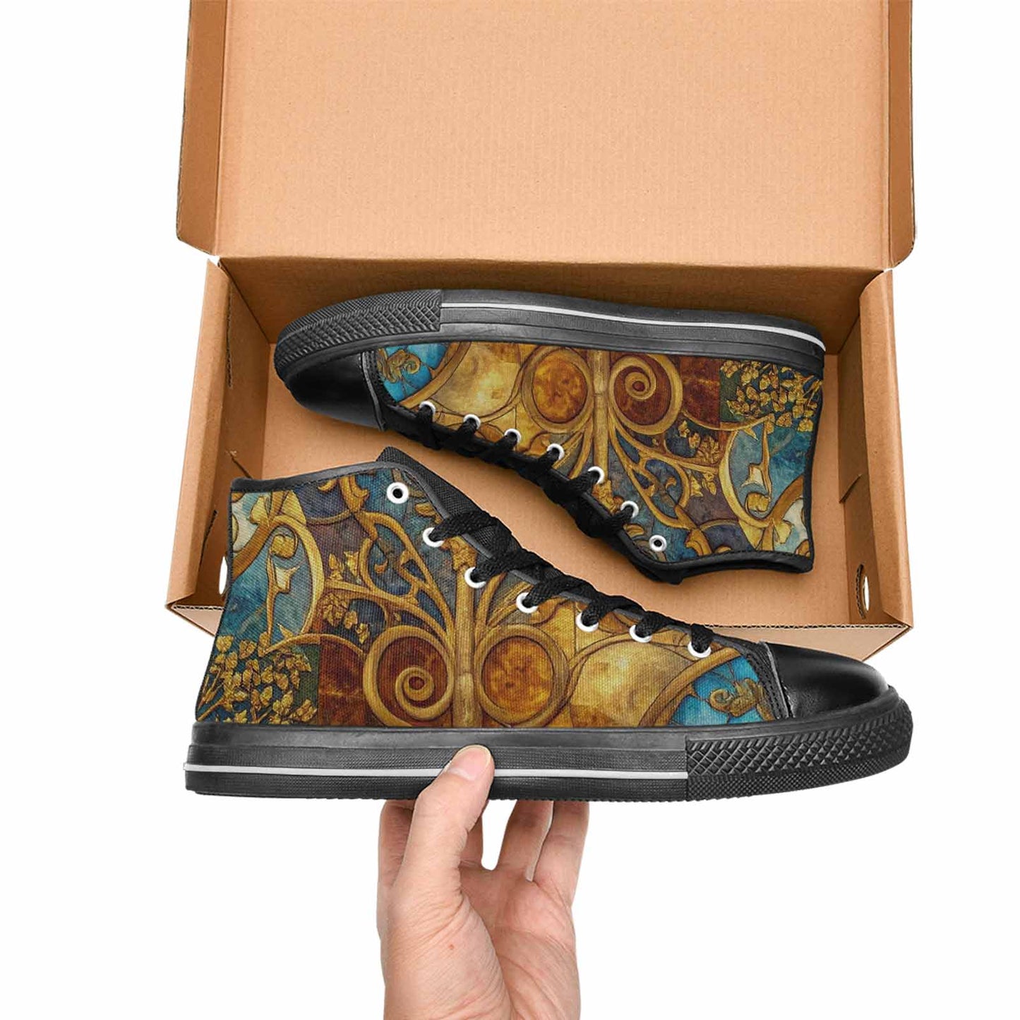 MEN'S Klimt-Style Gold Leaf High Top Canvas Surreal Custom Shoes