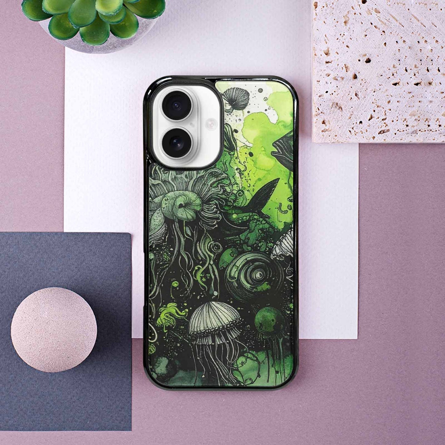 iPhone 16 Case — Sea Creature Burst Black Green Ink, Custom Phone Case