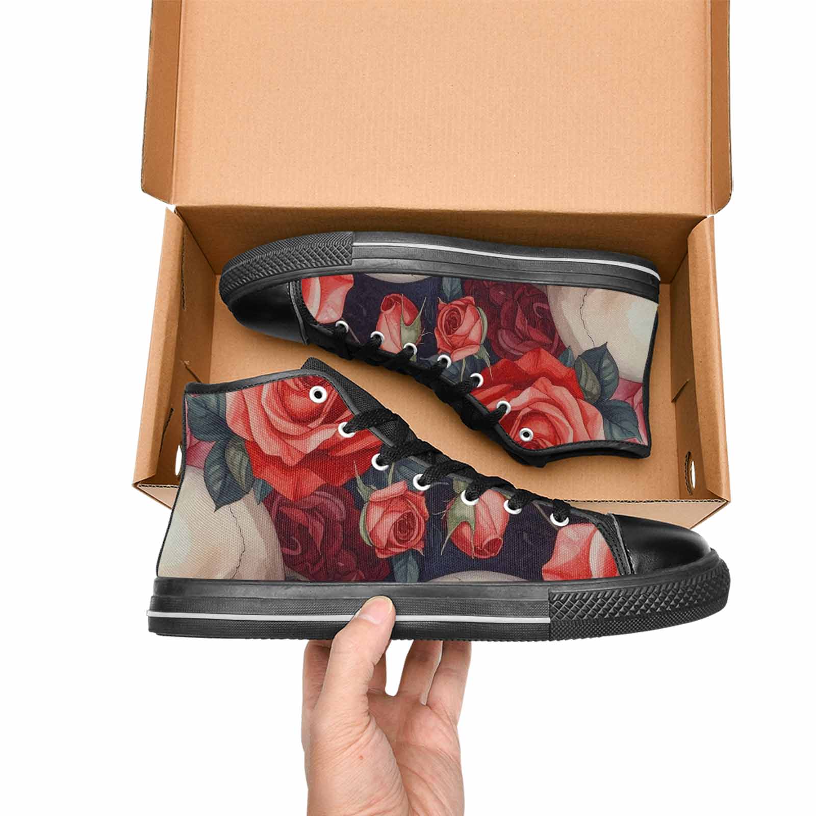WOMEN'S Skulls Roses Soft Airbrush High Top Canvas Vibrant Chaos Sneakers