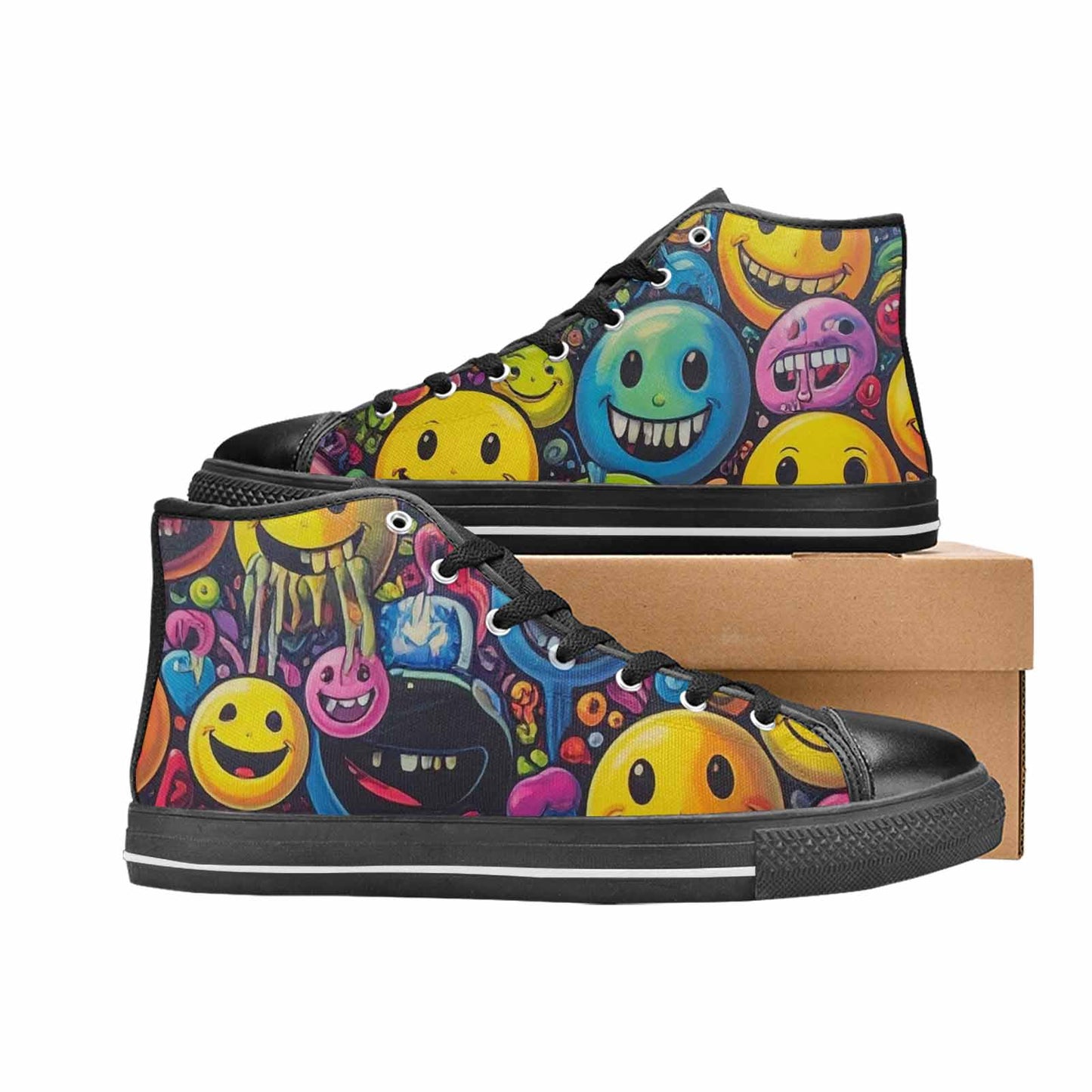 WOMEN'S Yellow Smiley Face High Top Canvas Neon Fantasy Sneakers