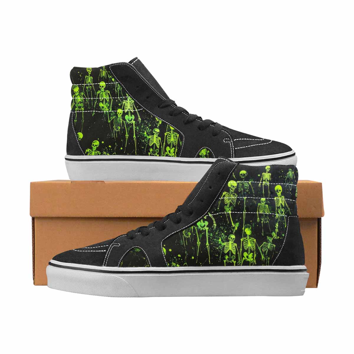 WOMEN'S Skulls Neon Green Glow High Top Canvas Graphic Print Wallpaper Art Custom Streetwear Shoes