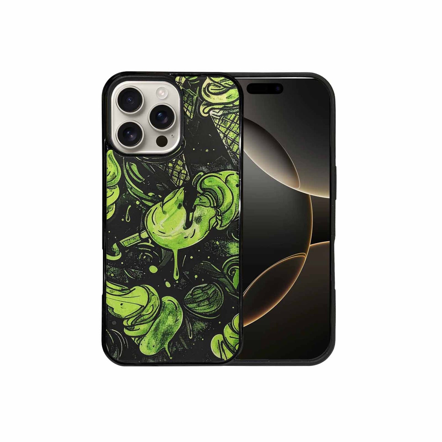 iPhone 16 Pro Max Case — Ice Cream Motif Black Green Ink, Custom Printed Phone Case