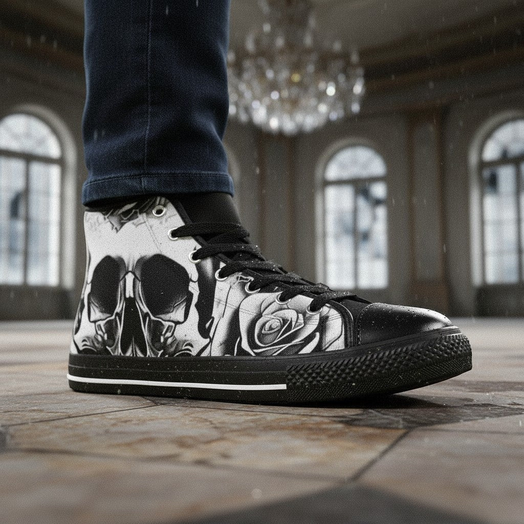 Women's Grey Skull & Roses Black & White high-top canvas shoes, custom full-wrap printed design — Freaky Shoes
